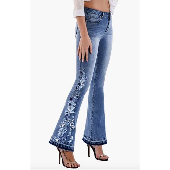 Blue Floral Embroidered Patch High Waisted Flare Bell Bottom Denim Jeans Y2K - Picture 1 of 9